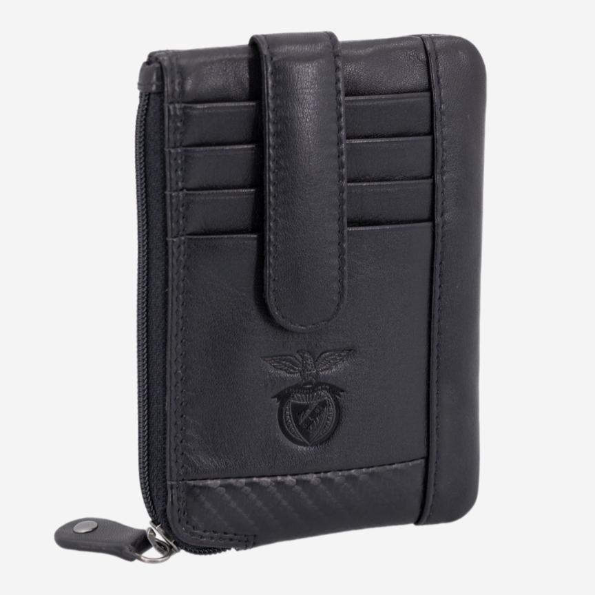 Porta-cartões Preto em Pele com Porta-chaves SL Benfica